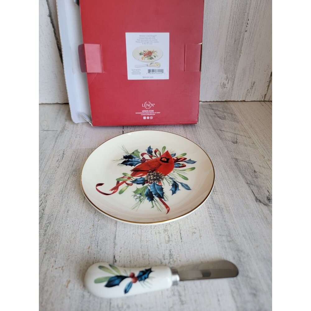 Lenox winter greetings cheese plate Knife red‎ cardinal Xmas set